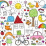 Desenho infantil com casinha, cerca, carrinho, árvore, peixe, sol, baleia e vários outros desenhos infantis coloridos.